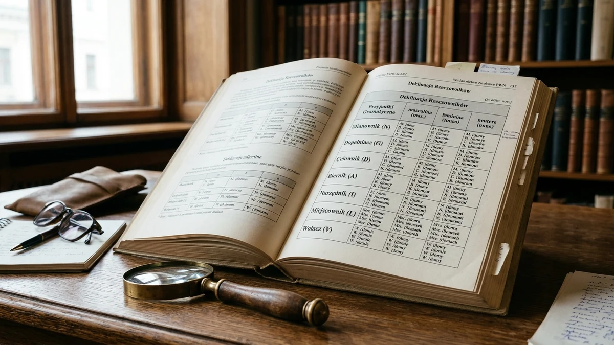 Podręcznik gramatyki języka polskiego z tabelami odmiany rzeczowników i szkłem powiększającym